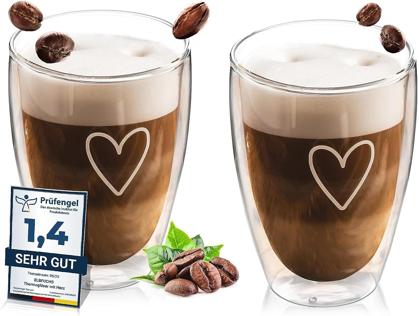 ElbFuchs® Latte Macchiato Gläser doppelwandig [2x 350ml] GESCHENKIDEE mit HERZ