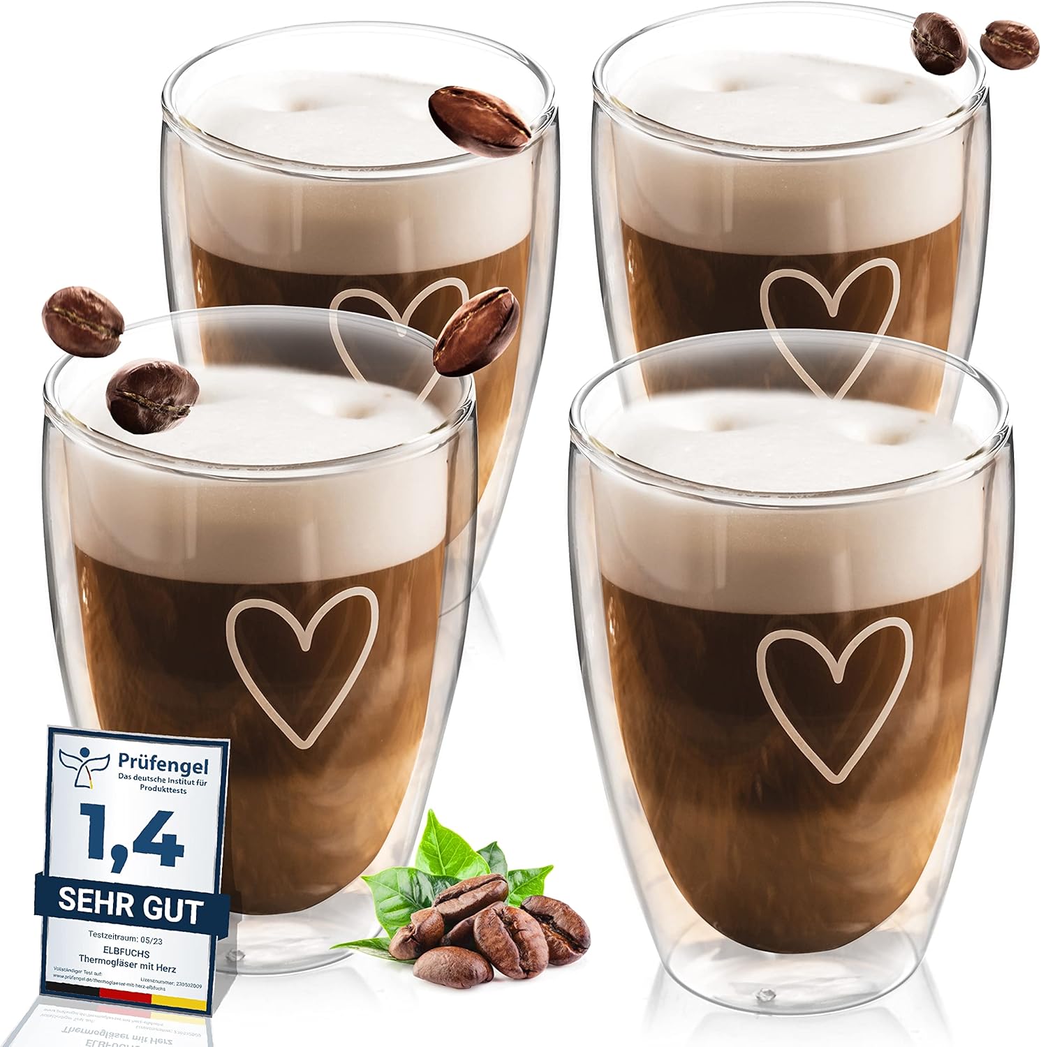 ElbFuchs® Latte Macchiato Gläser doppelwandig [4x 350ml] GESCHENKIDEE mit HERZ